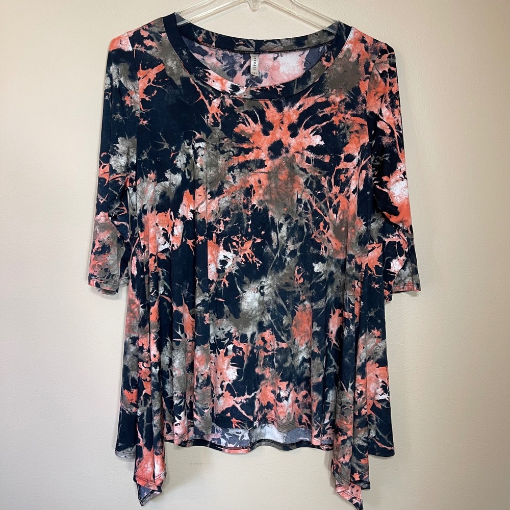 Emerald Womens 3X Tie Dye Tunic Top Black Coral 3/4 Sleeve Sharkbite ETK-3232